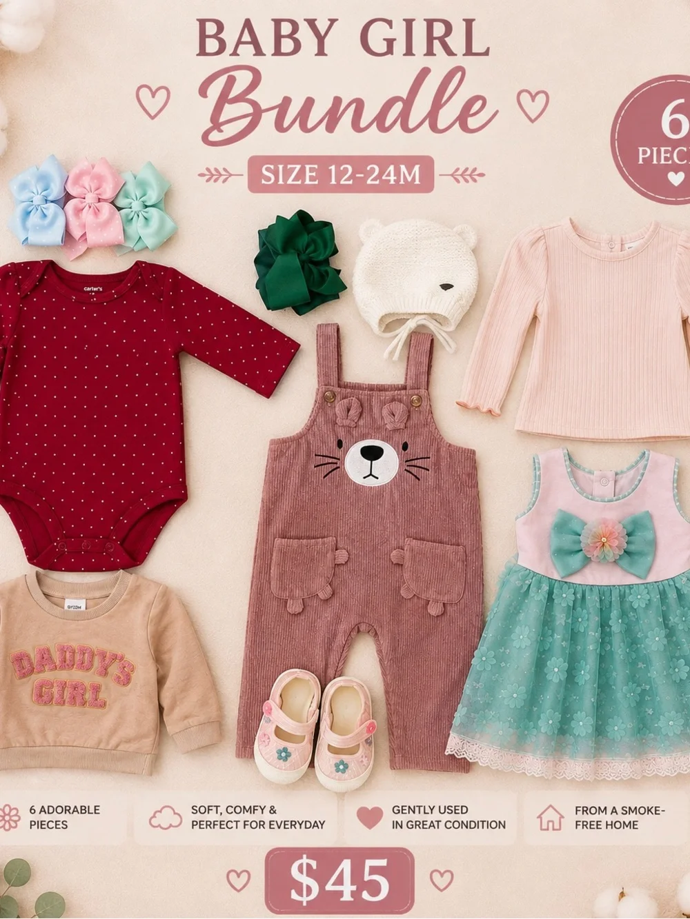 Baby Girl 6-Piece Outfit Bundle — Pink, Teal, Burgundy